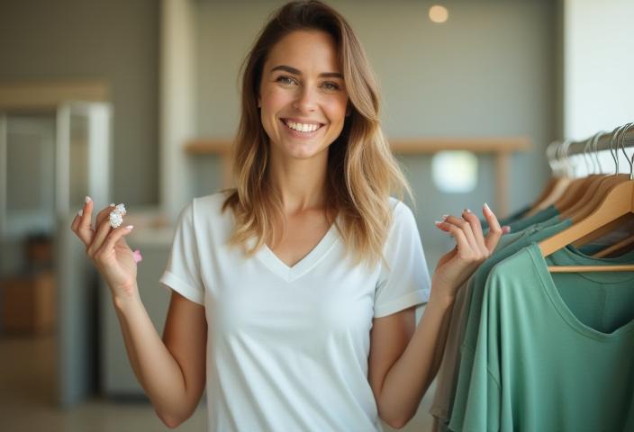 Cliente souriante récupérant ses vêtements propres